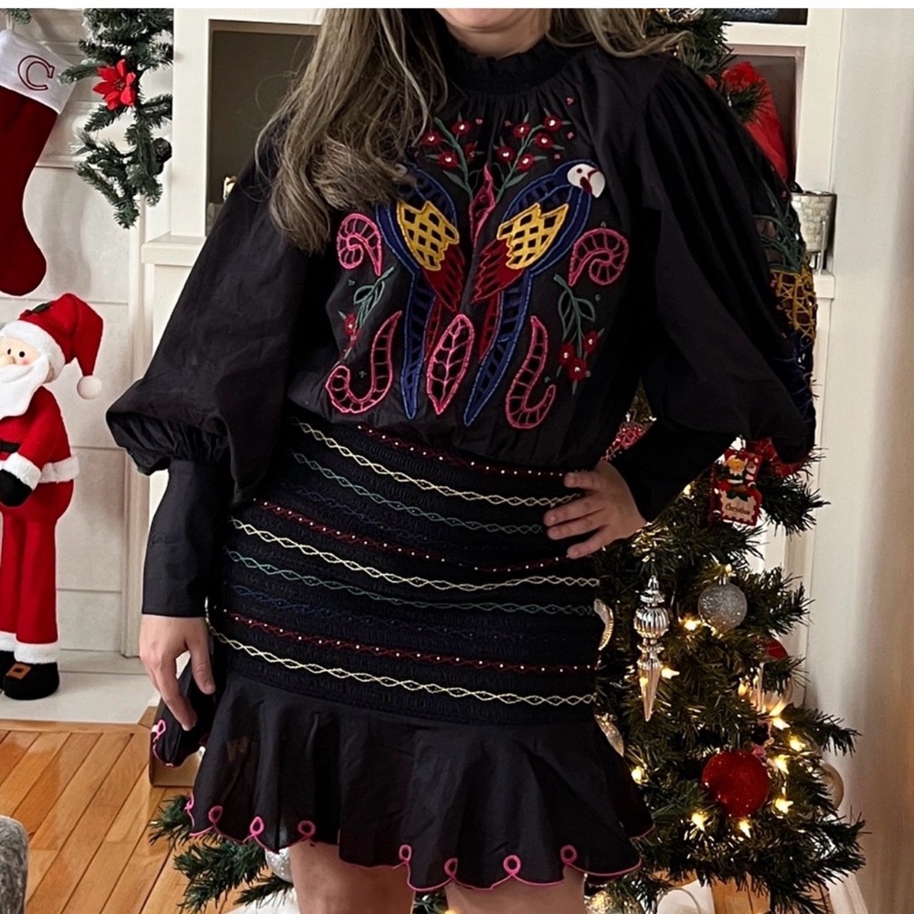 FARM RIO embroidered Tropical Tapestry smocked mini dress